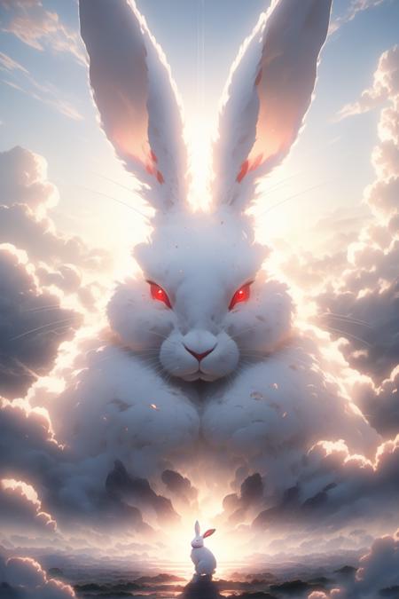 06597-2322416892-Hyperrealistic art BJ_Sacred_beast, Rabbit, looking_at_viewer, red_eyes, outdoors, sky, cloud, no_humans, animal, cloudy_sky, sc.png